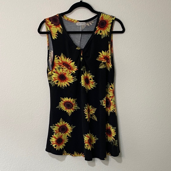 Larace Tops - Black Floral Tank Top Sleeveless Sunflower Print Blouse Tunic Large